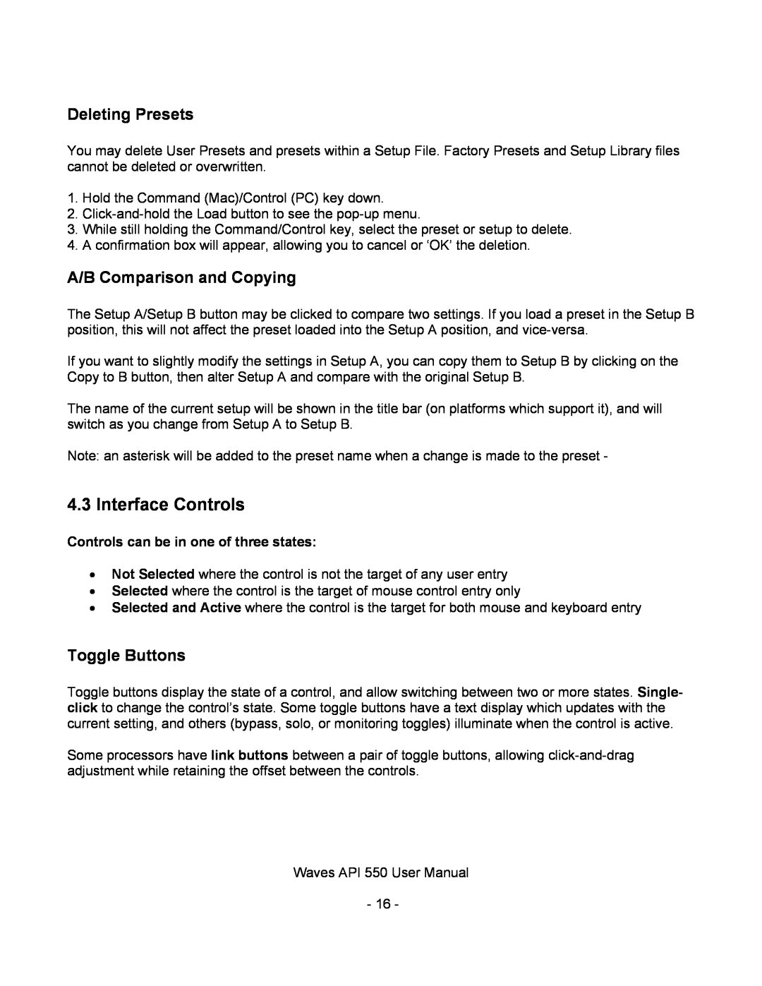 Waves API 550 user manual Interface Controls, Deleting Presets, A/B Comparison and Copying, Toggle Buttons 