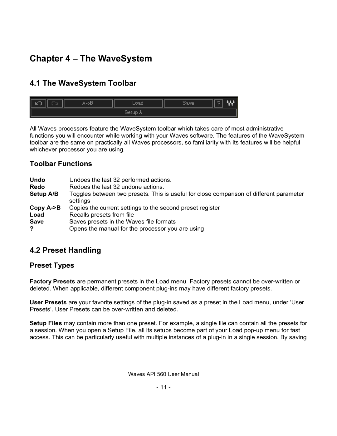 Waves API560 user manual WaveSystem Toolbar, Preset Handling, Toolbar Functions, Preset Types 