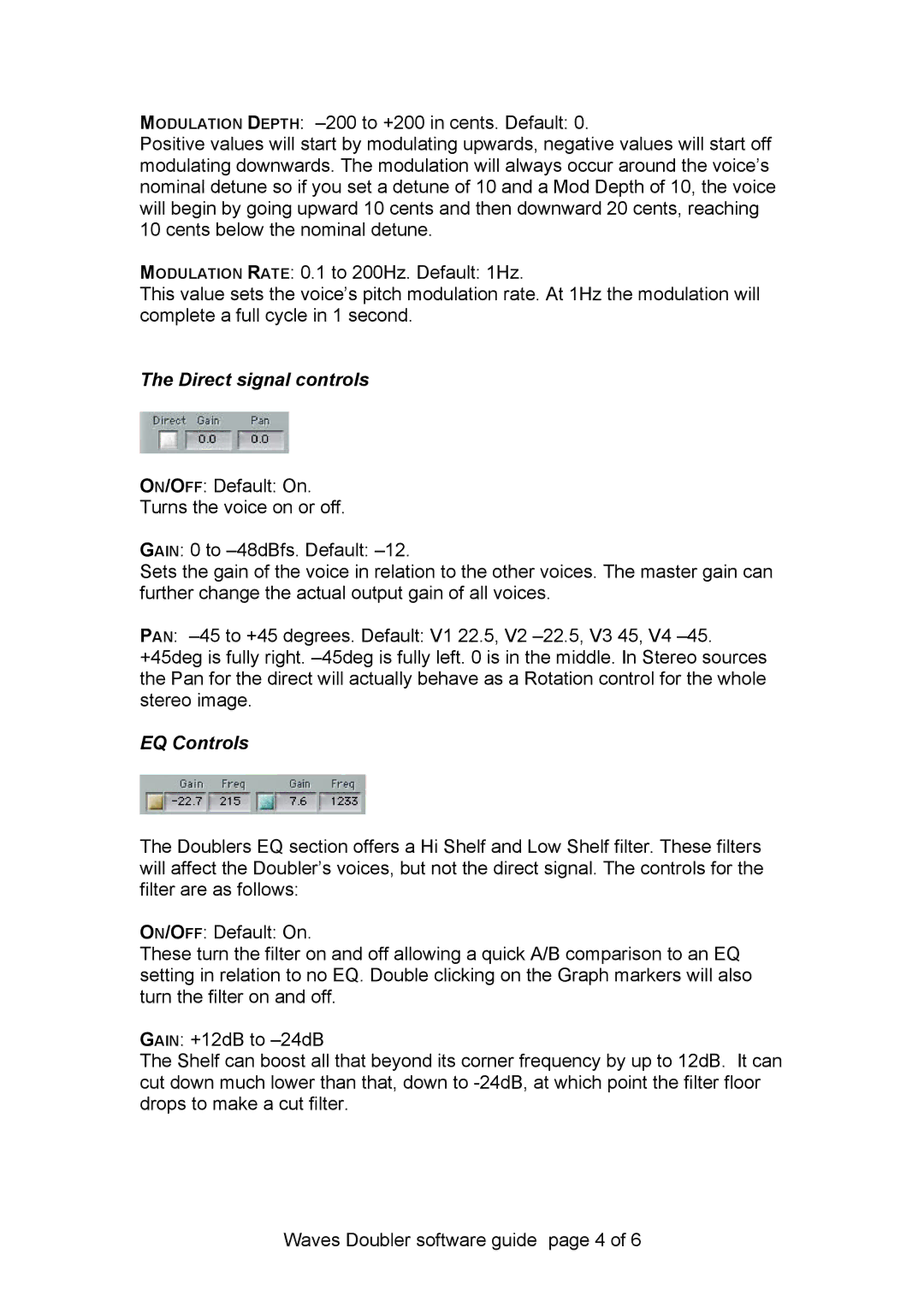 Waves Doubler manual Direct signal controls, EQ Controls 