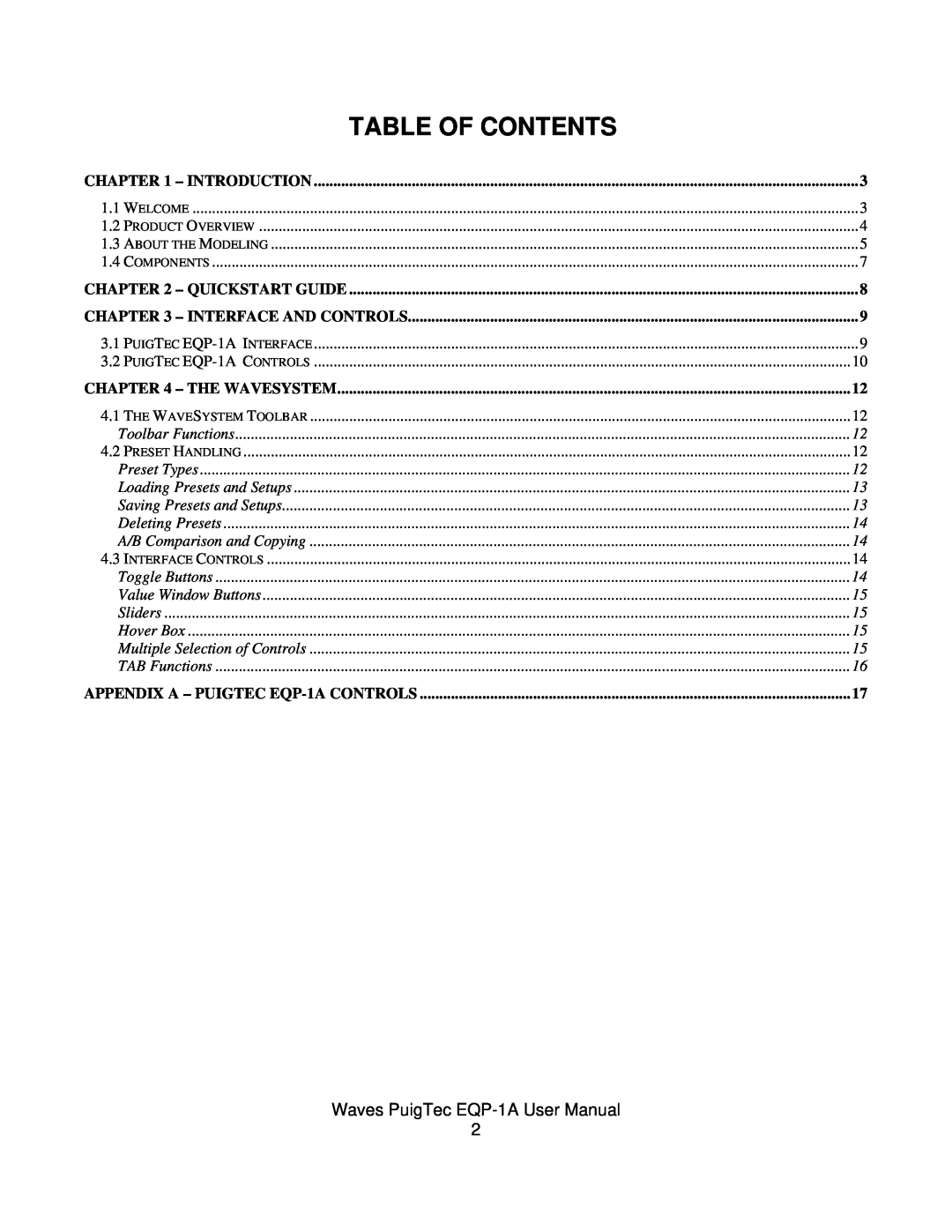 Waves EQP-1A user manual Table Of Contents 