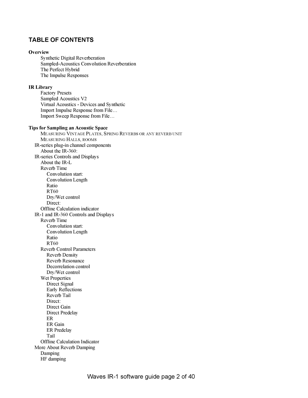 Waves IR-1, IR-L, IR-360 manual Table of Contents 