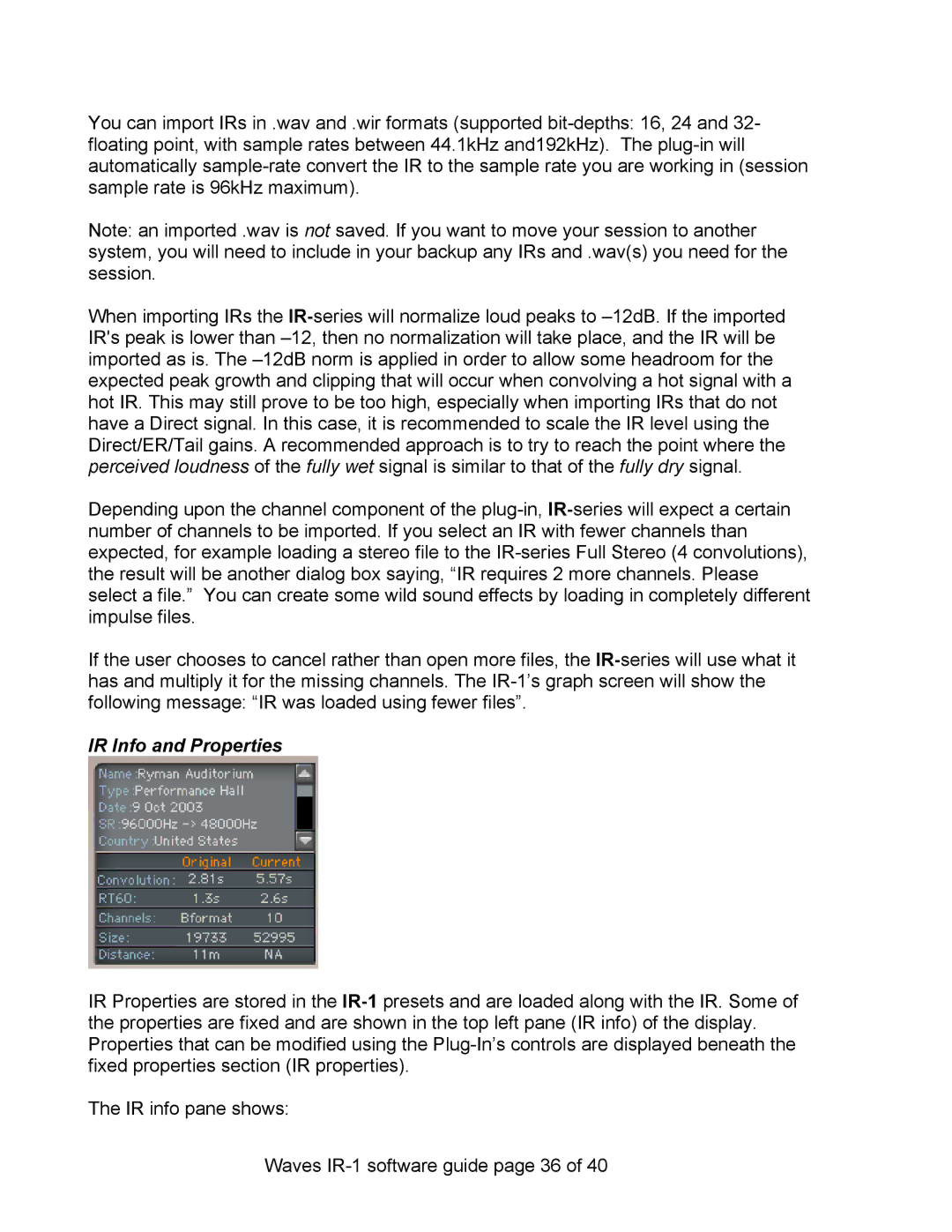 Waves IR-L, IR-360, IR-1 manual IR Info and Properties 