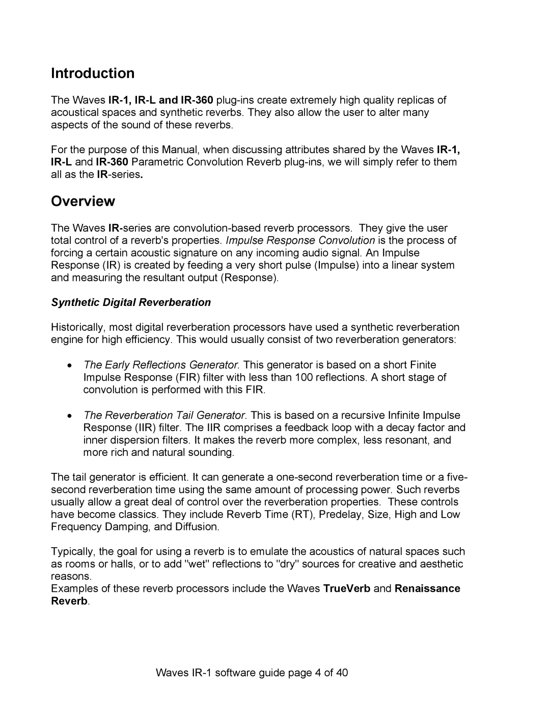 Waves IR-360, IR-L, IR-1 manual Introduction, Synthetic Digital Reverberation 