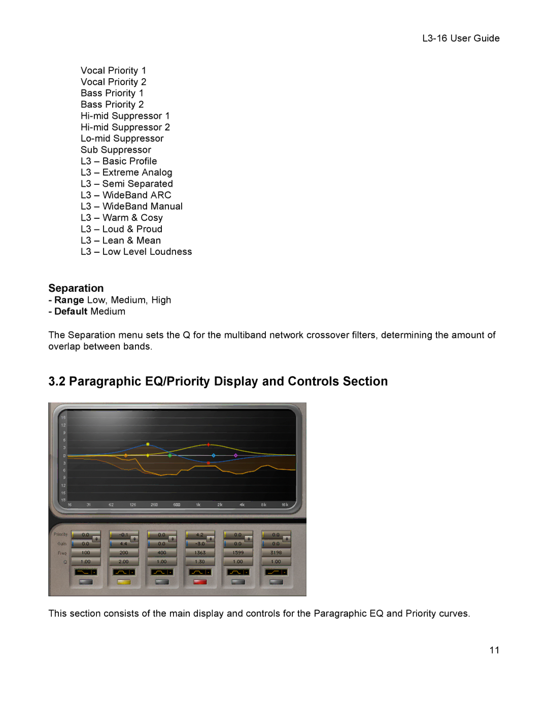 Waves L3-16 user manual Paragraphic EQ/Priority Display and Controls Section, Separation, Default Medium 