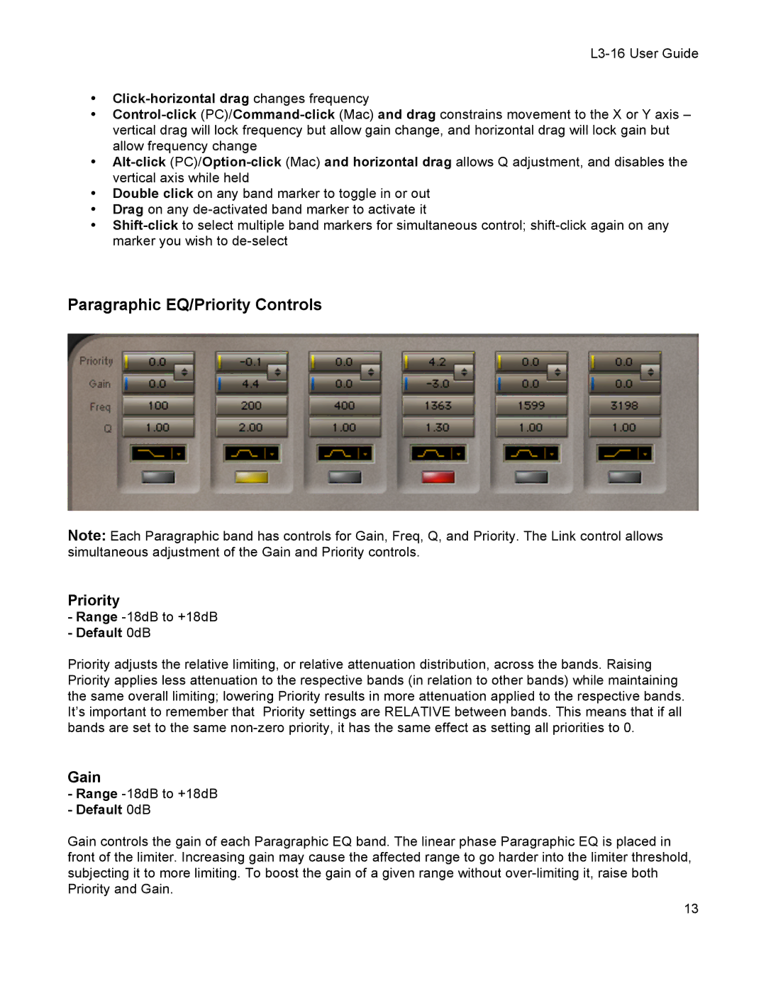 Waves L3-16 user manual Paragraphic EQ/Priority Controls, Gain, Click-horizontal drag changes frequency 