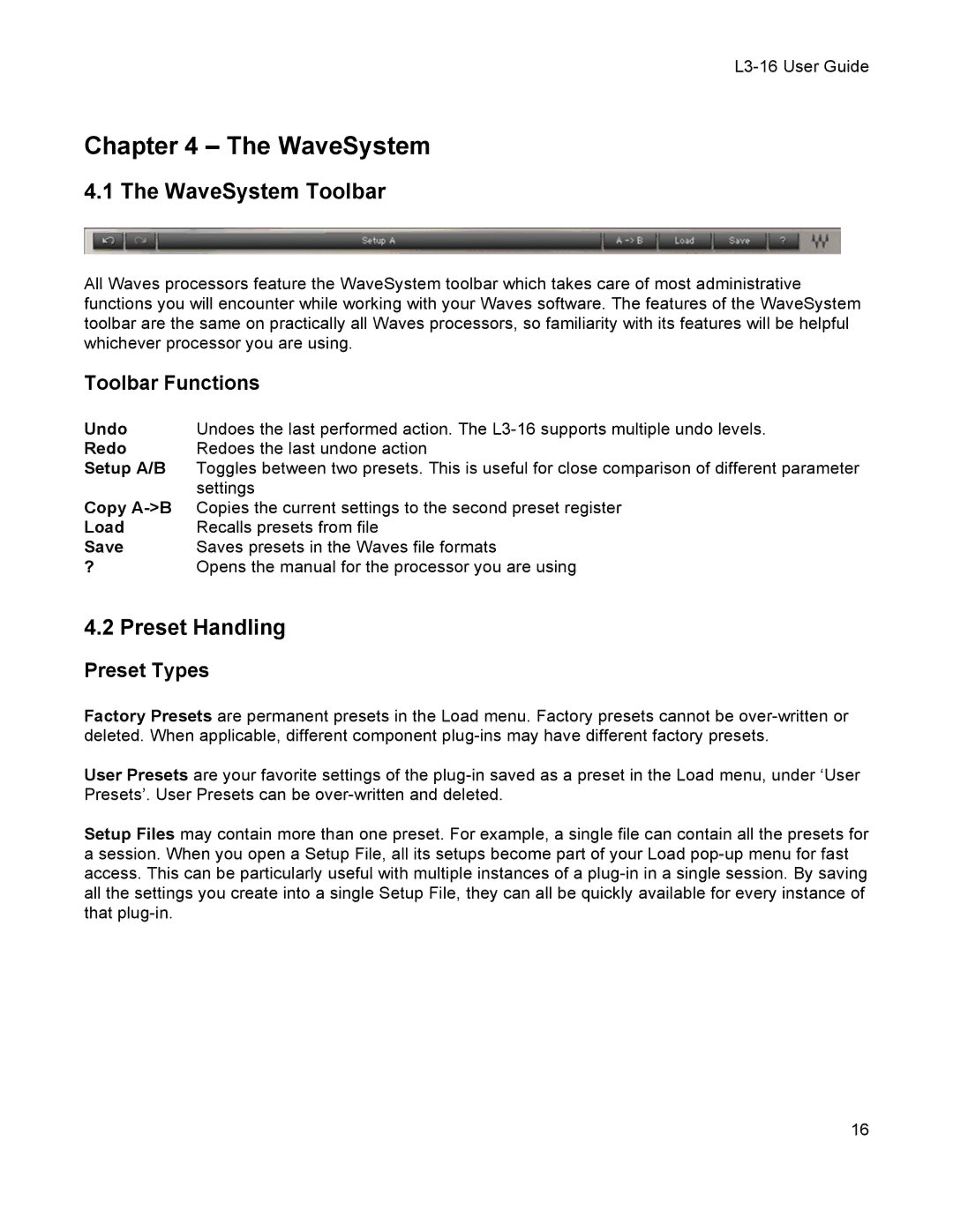 Waves L3-16 user manual WaveSystem Toolbar, Preset Handling, Toolbar Functions, Preset Types 