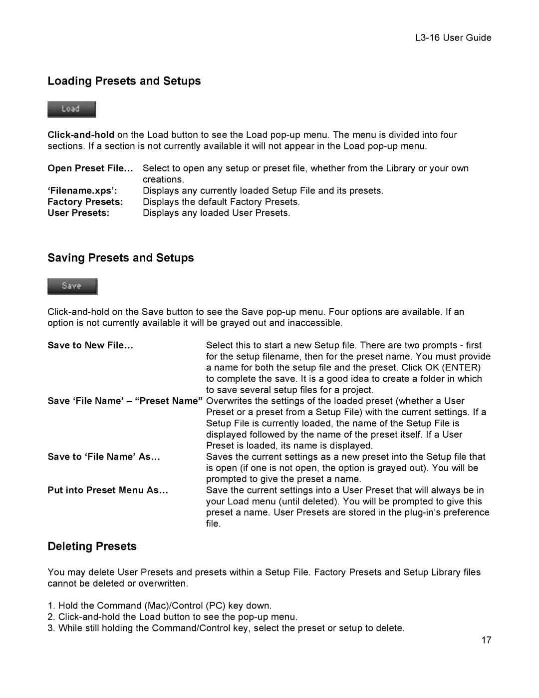 Waves L3-16 user manual Loading Presets and Setups, Saving Presets and Setups, Deleting Presets 