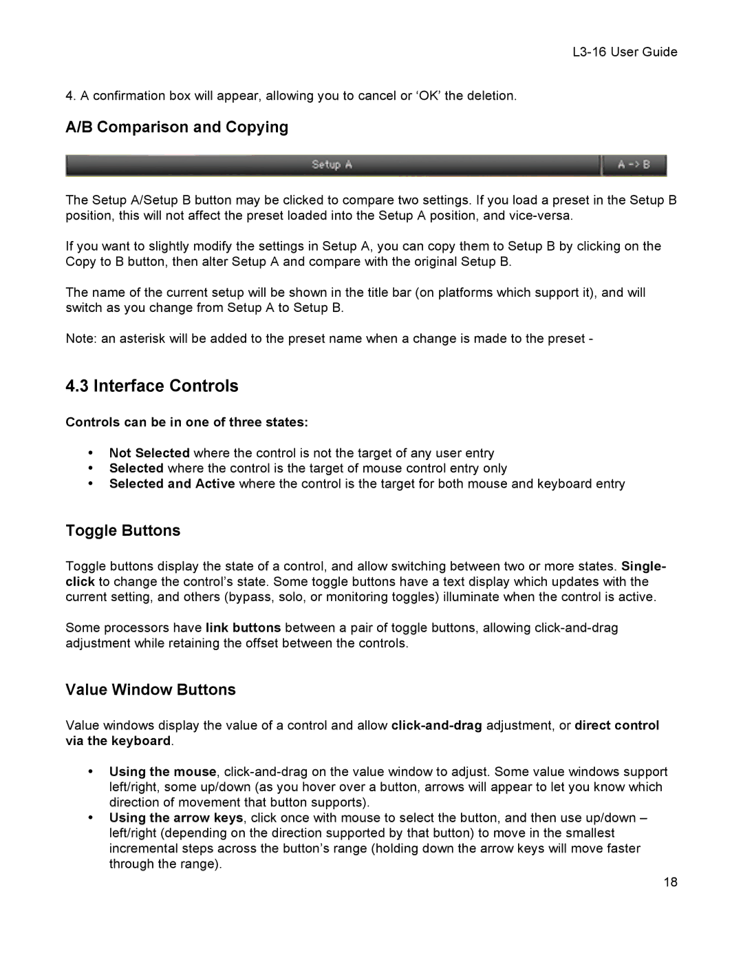 Waves L3-16 user manual Interface Controls, Comparison and Copying, Toggle Buttons, Value Window Buttons 