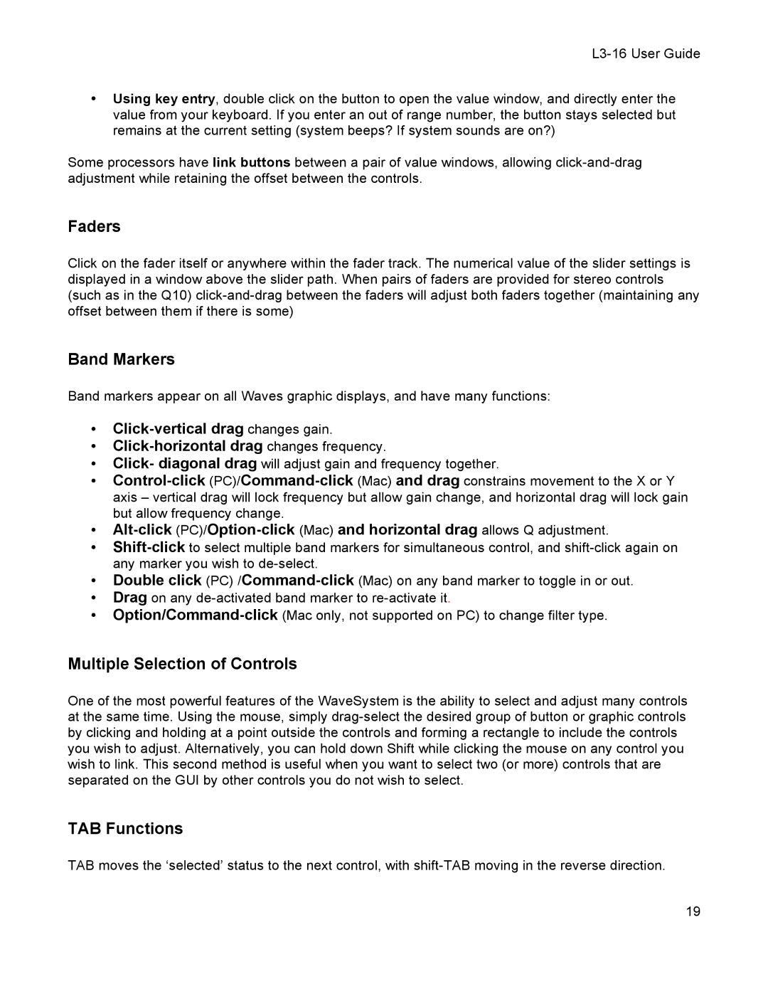 Waves L3-16 user manual Faders, Band Markers, Multiple Selection of Controls, TAB Functions 