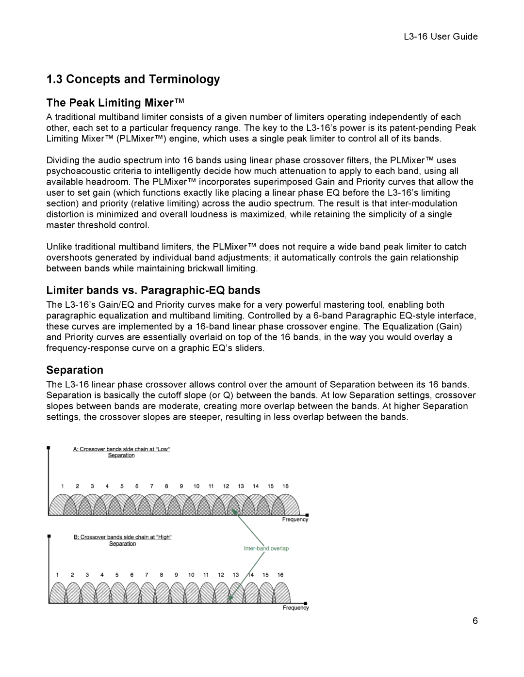 Waves L3-16 user manual Concepts and Terminology, Peak Limiting Mixer, Limiter bands vs. Paragraphic-EQ bands, Separation 