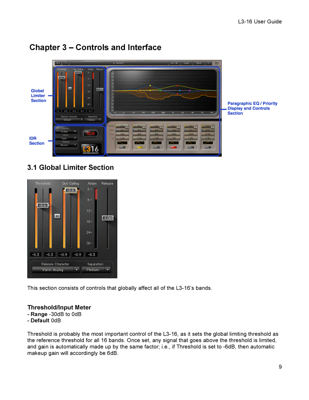 Waves L3-16 user manual Controls and Interface, Global Limiter Section, Threshold/Input Meter, Default 0dB 