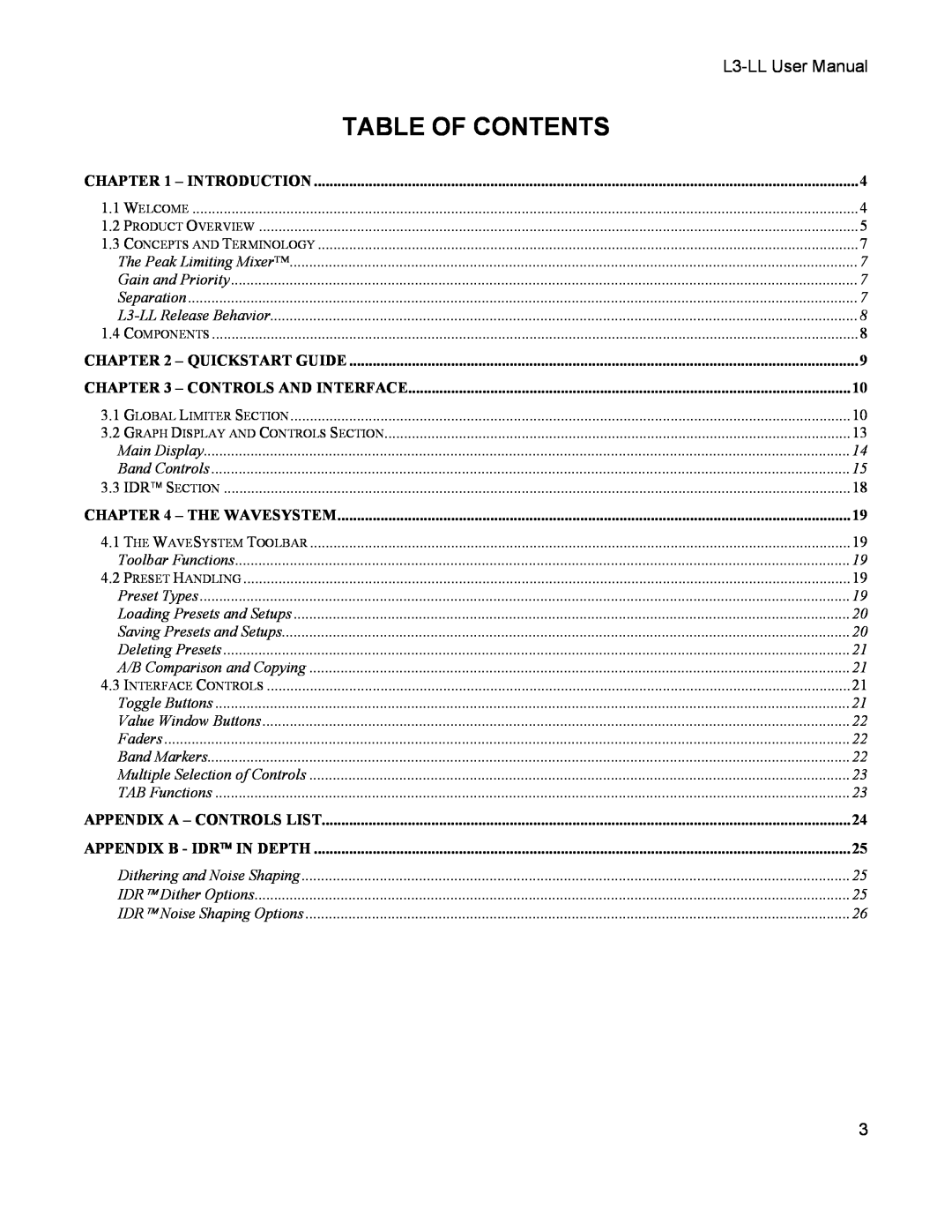 Waves L3-LL user manual Table Of Contents 