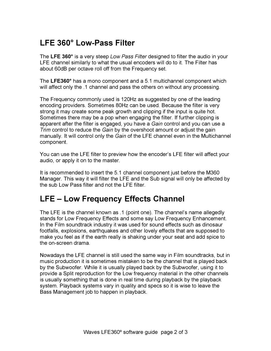 Waves LFE360 manual LFE 360 Low-Pass Filter, LFE Low Frequency Effects Channel 