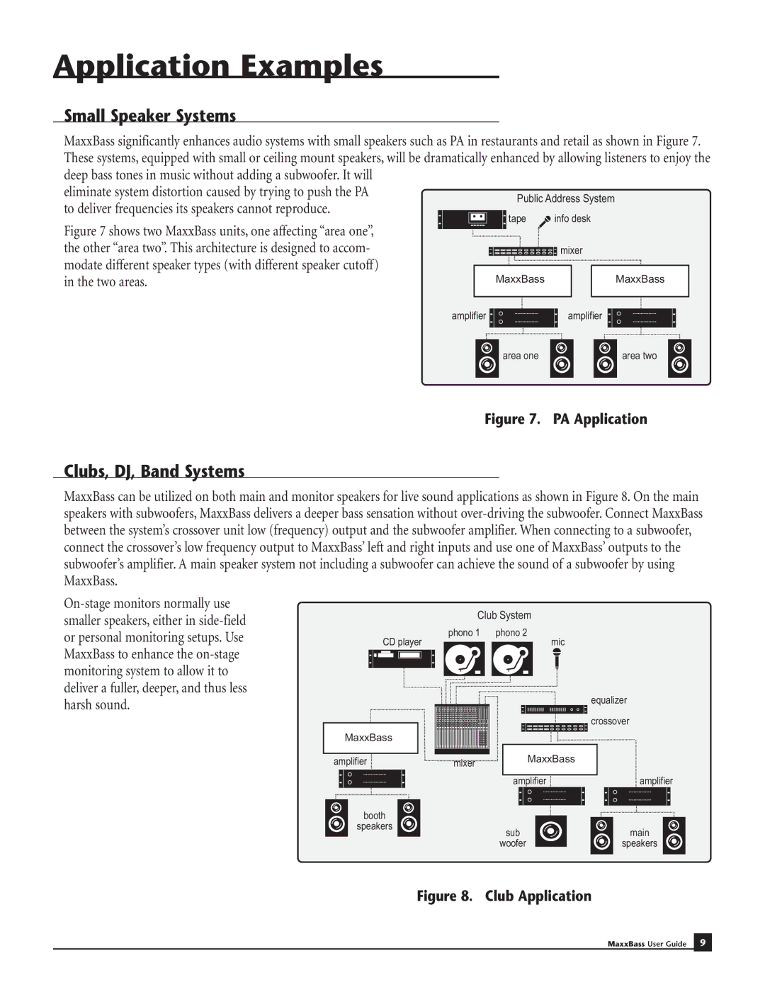 Waves MaxxBass 102, MaxxBass 101 manual Application Examples, Small Speaker Systems, Clubs, DJ, Band Systems 