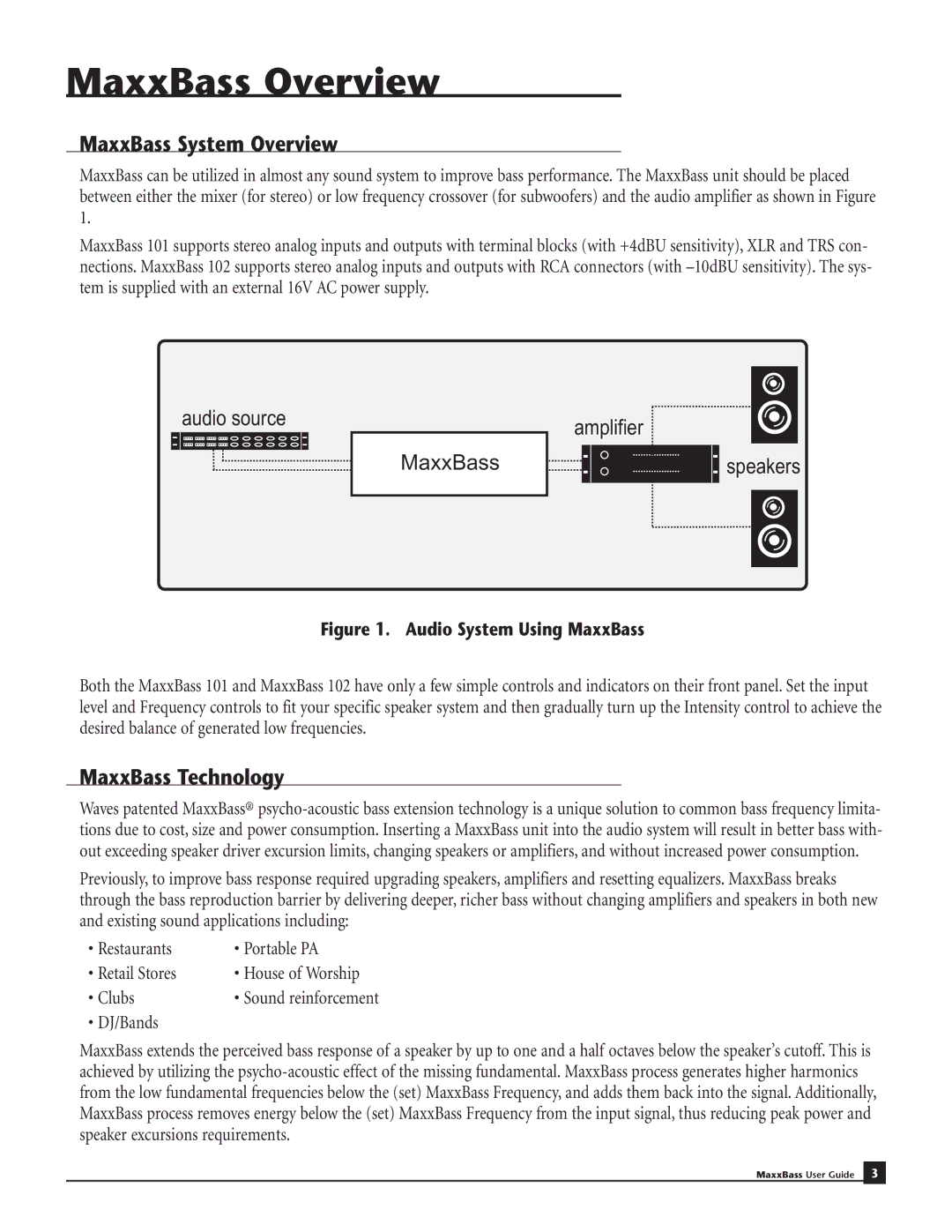 Waves MaxxBass 102, MaxxBass 101 manual MaxxBass Overview, MaxxBass System Overview, MaxxBass Technology 