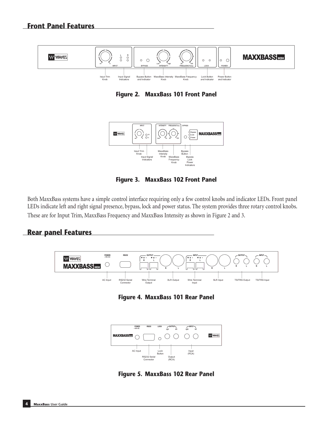 Waves MaxxBass 101, MaxxBass 102 manual Front Panel Features, Rear panel Features 