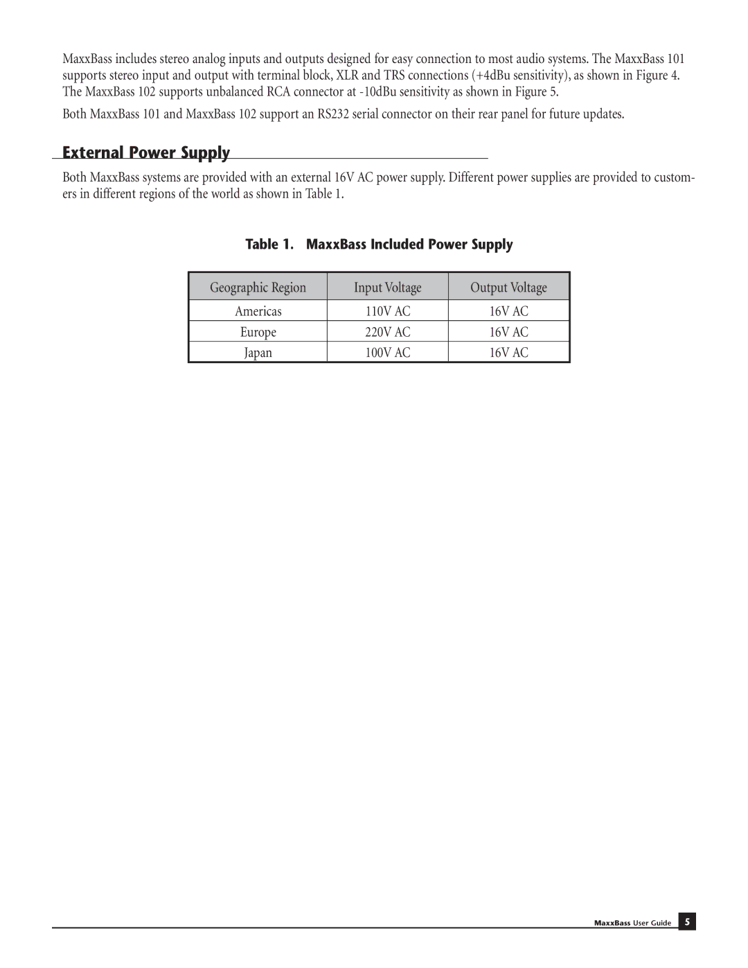 Waves MaxxBass 102, MaxxBass 101 manual External Power Supply, MaxxBass Included Power Supply 