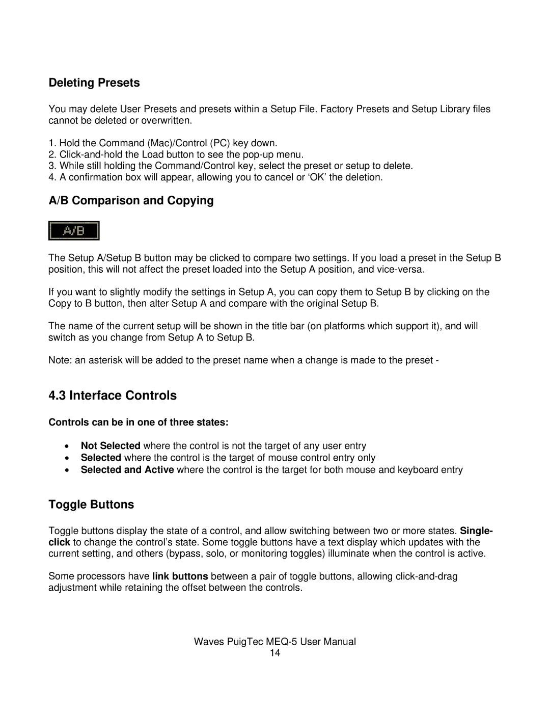 Waves MEQ-5 user manual Interface Controls, Deleting Presets, Comparison and Copying, Toggle Buttons 