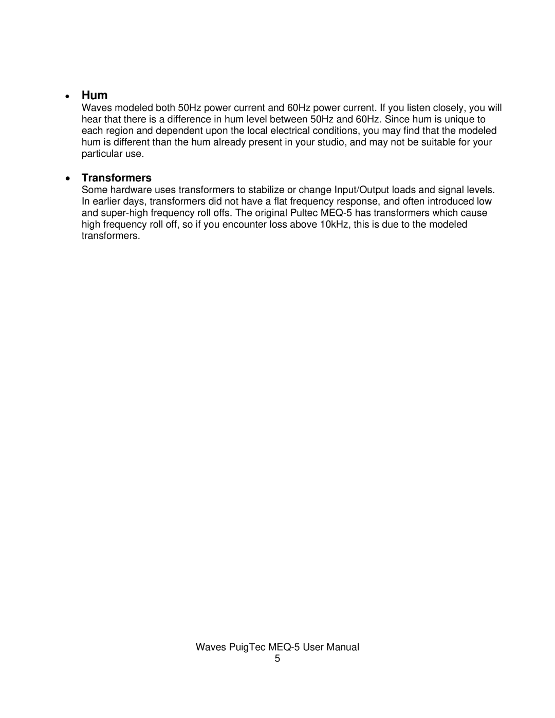 Waves MEQ-5 user manual Hum, Transformers 