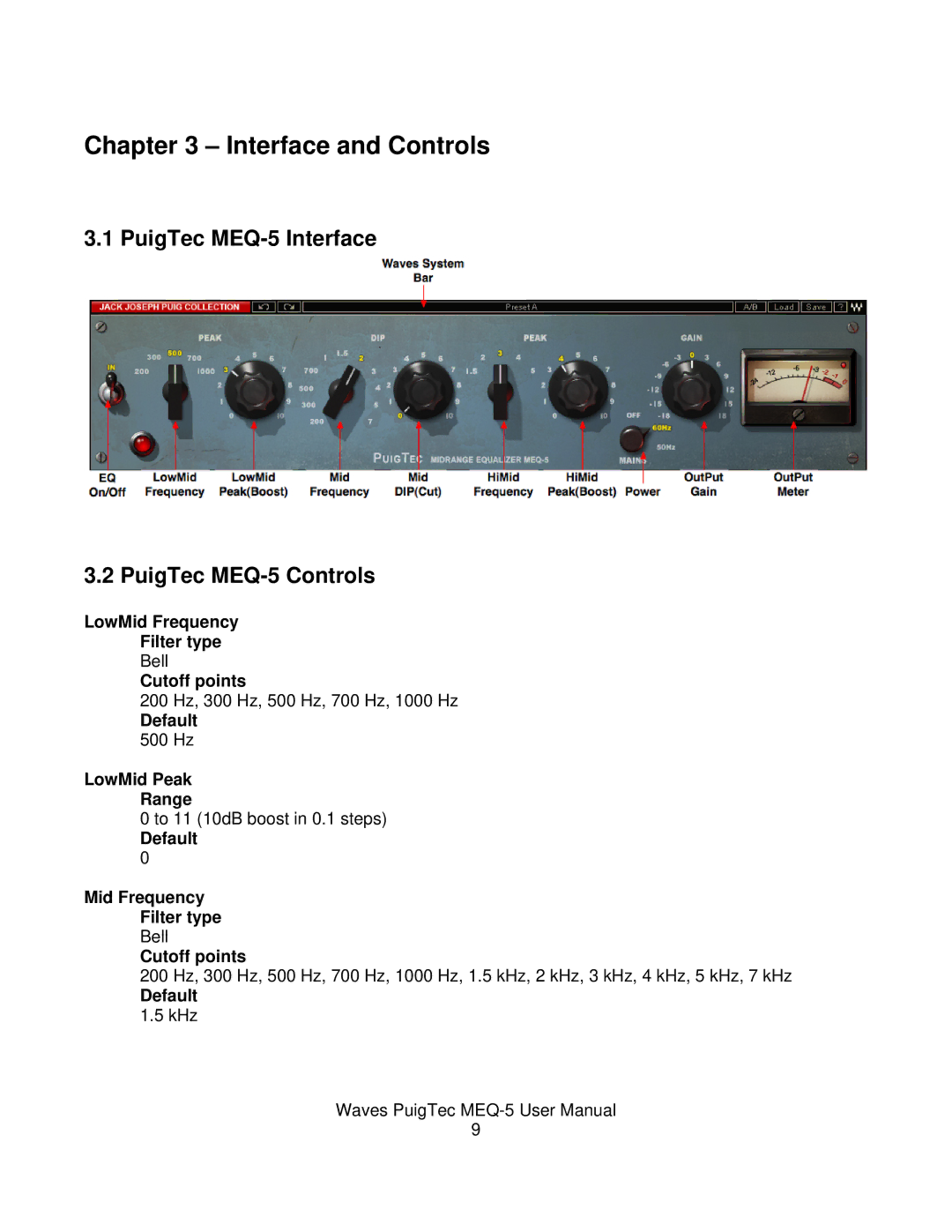 Waves user manual Interface and Controls, PuigTec MEQ-5 Interface PuigTec MEQ-5 Controls 