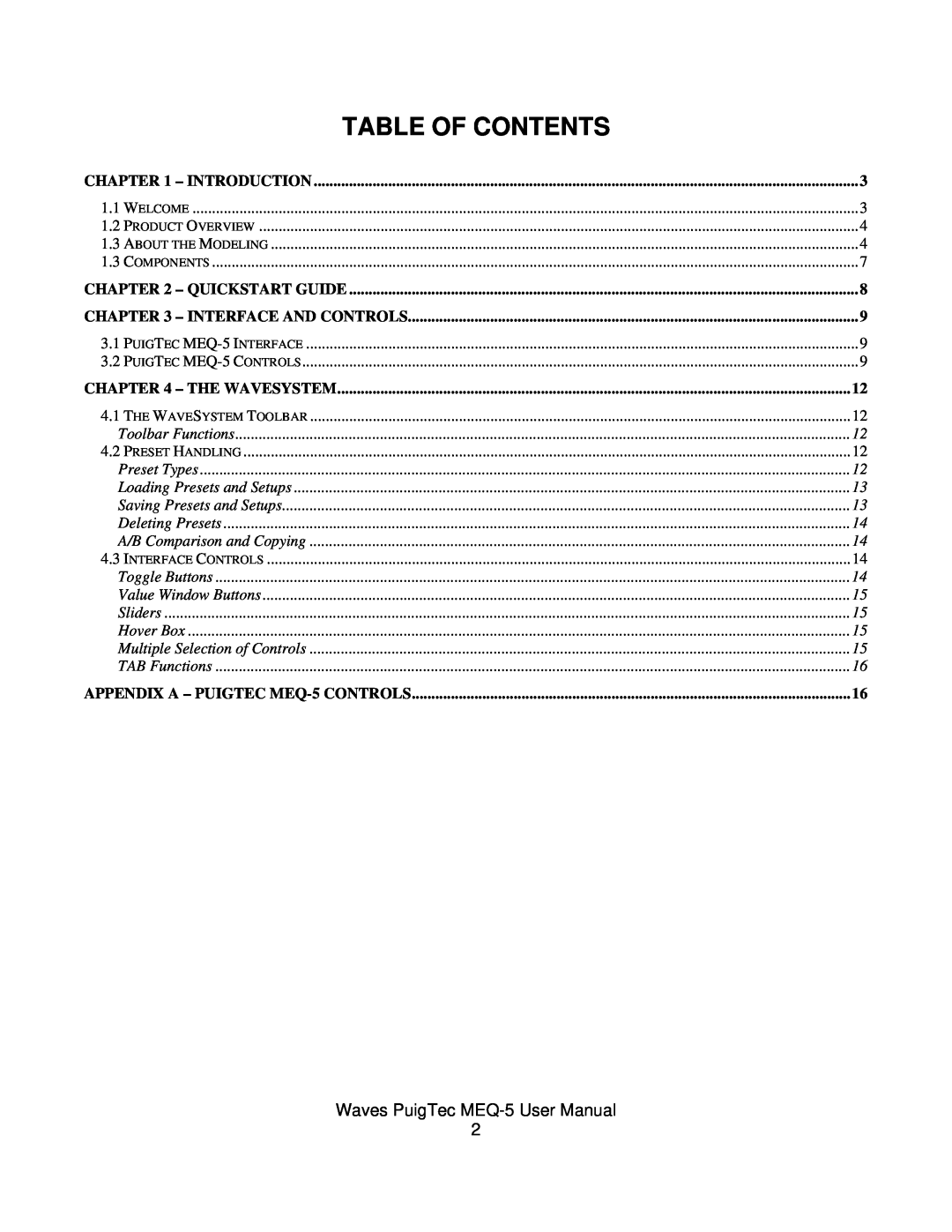 Waves MEQ-5 user manual Table Of Contents 