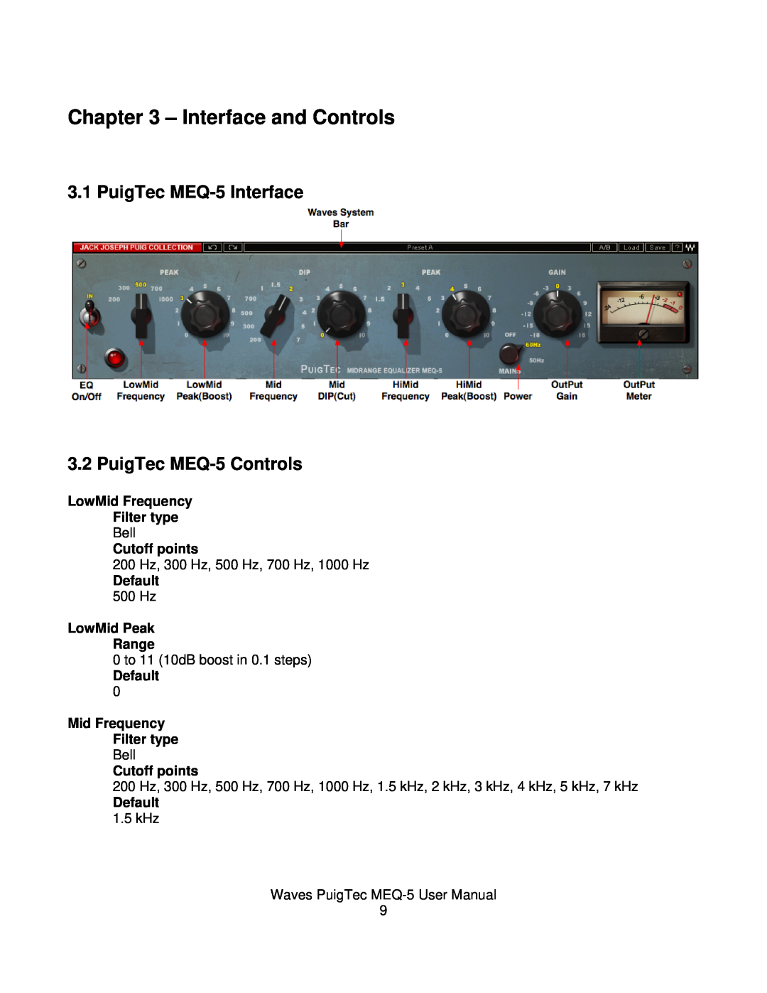 Waves user manual Interface and Controls, PuigTec MEQ-5Interface, PuigTec MEQ-5Controls 