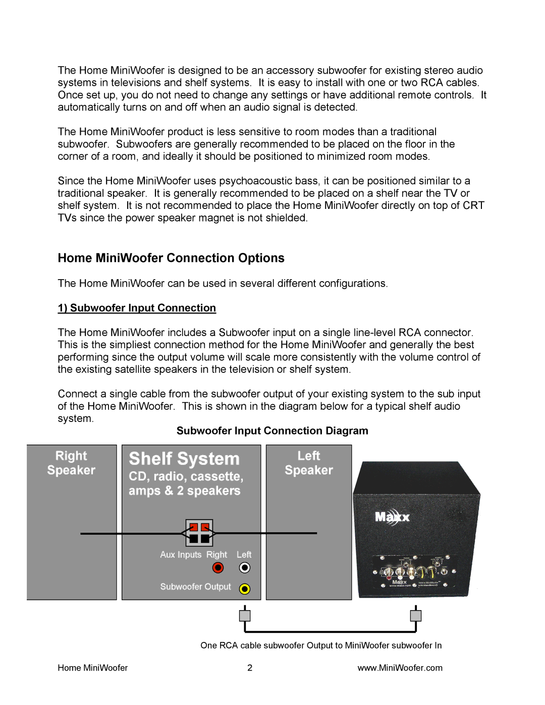 Waves manual Home MiniWoofer Connection Options, Subwoofer Input Connection Diagram 