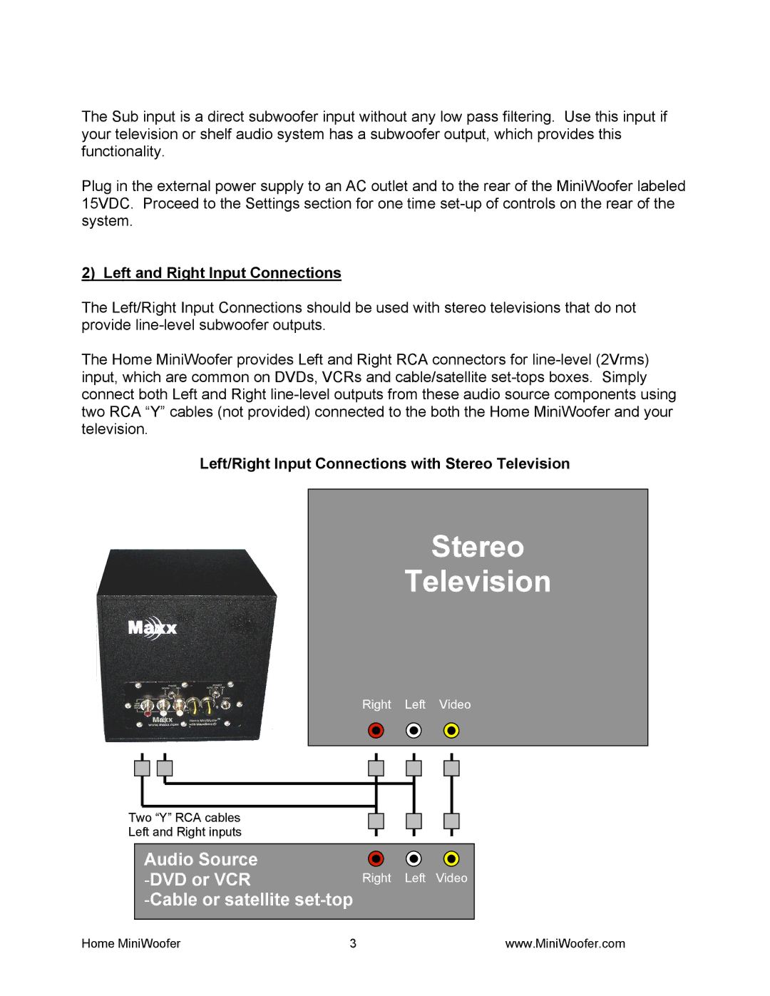 Waves MiniWoofer manual Left and Right Input Connections, Left/Right Input Connections with Stereo Television 