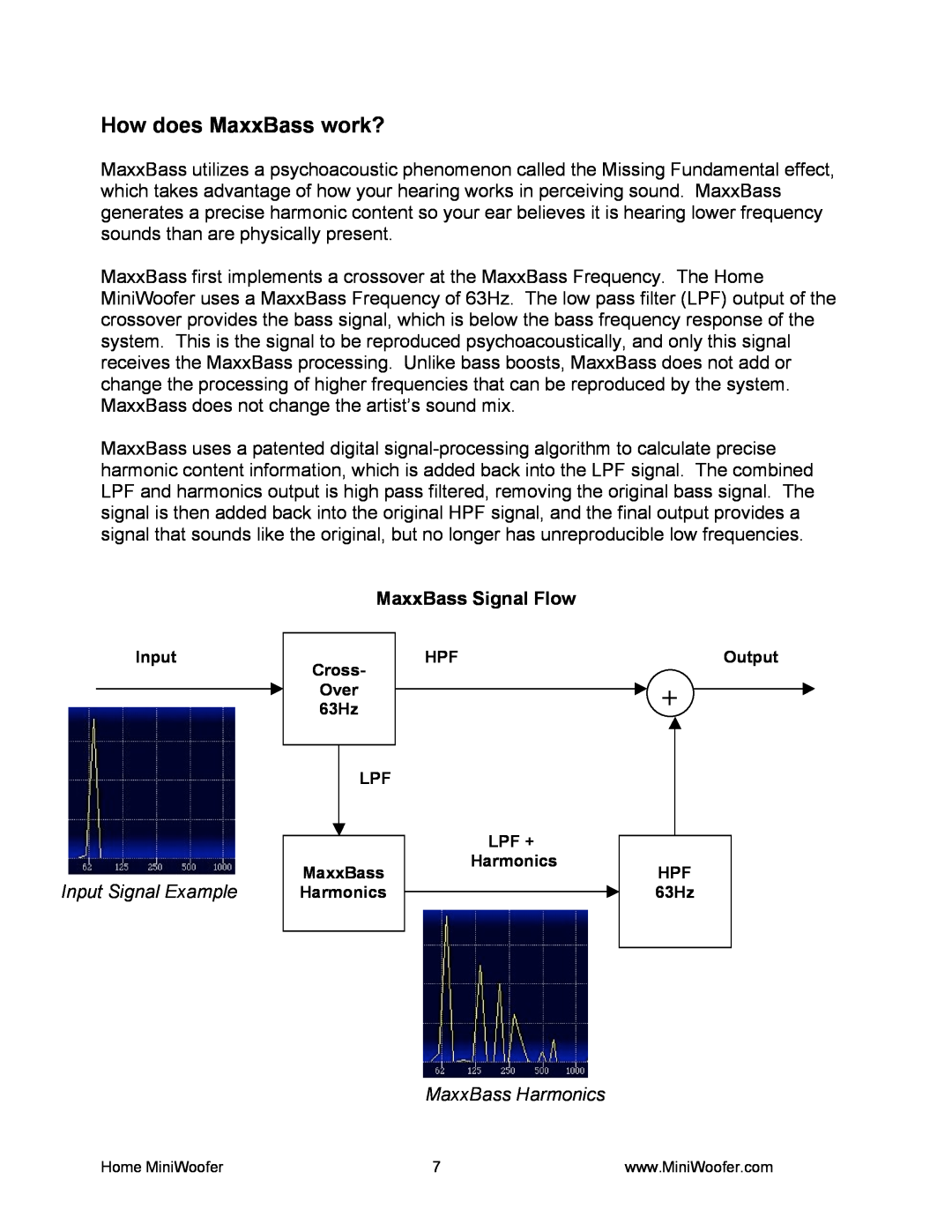Waves MiniWoofer manual How does MaxxBass work?, MaxxBass Signal Flow, Input Signal Example, MaxxBass Harmonics 