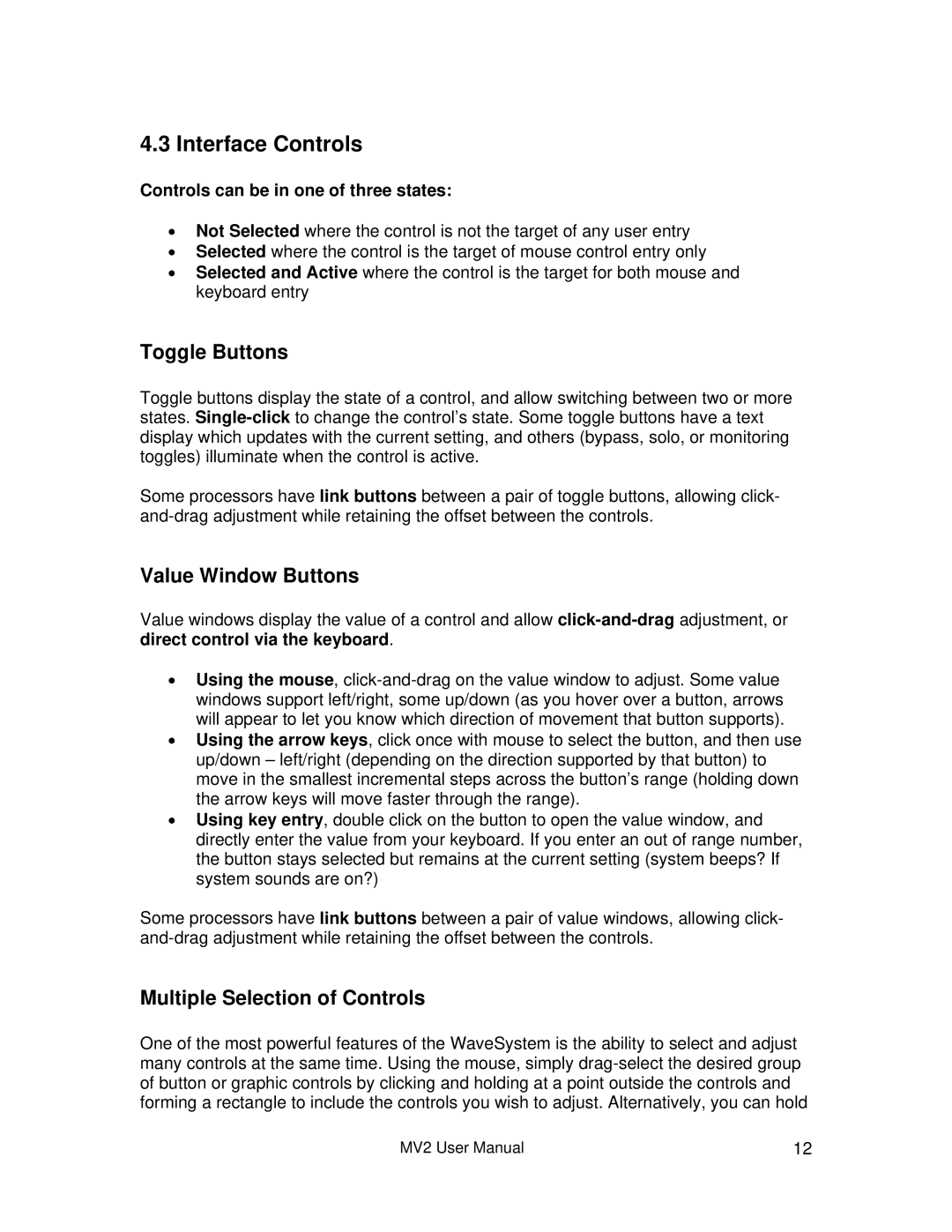 Waves MV2 user manual Interface Controls, Toggle Buttons, Value Window Buttons, Multiple Selection of Controls 