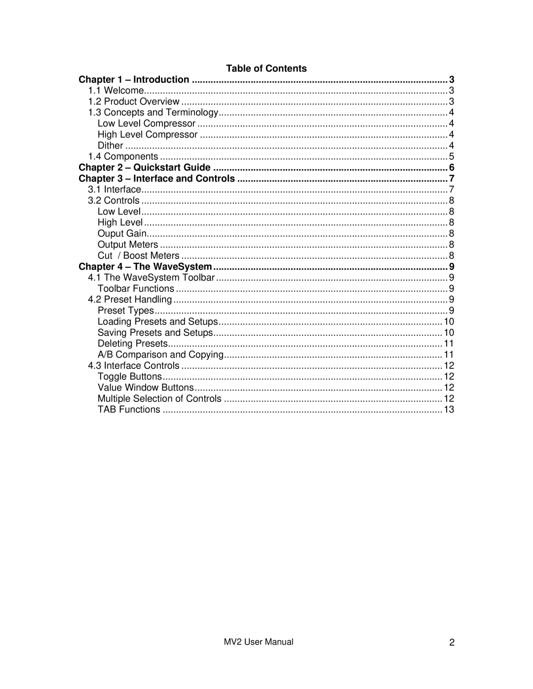 Waves MV2 user manual Table of Contents Introduction, WaveSystem 