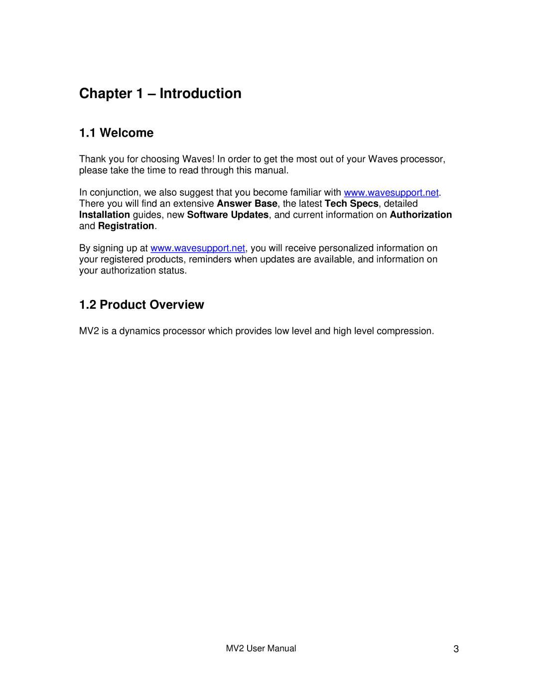 Waves MV2 user manual Introduction, Welcome, Product Overview 