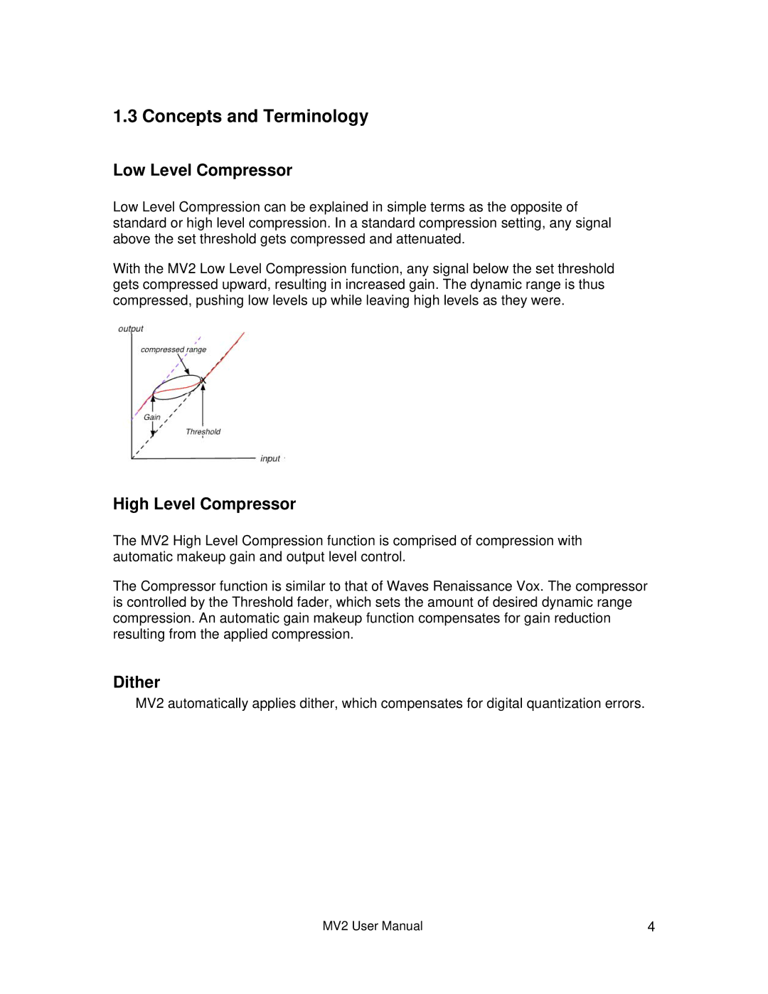 Waves MV2 user manual Concepts and Terminology, Low Level Compressor, High Level Compressor, Dither 