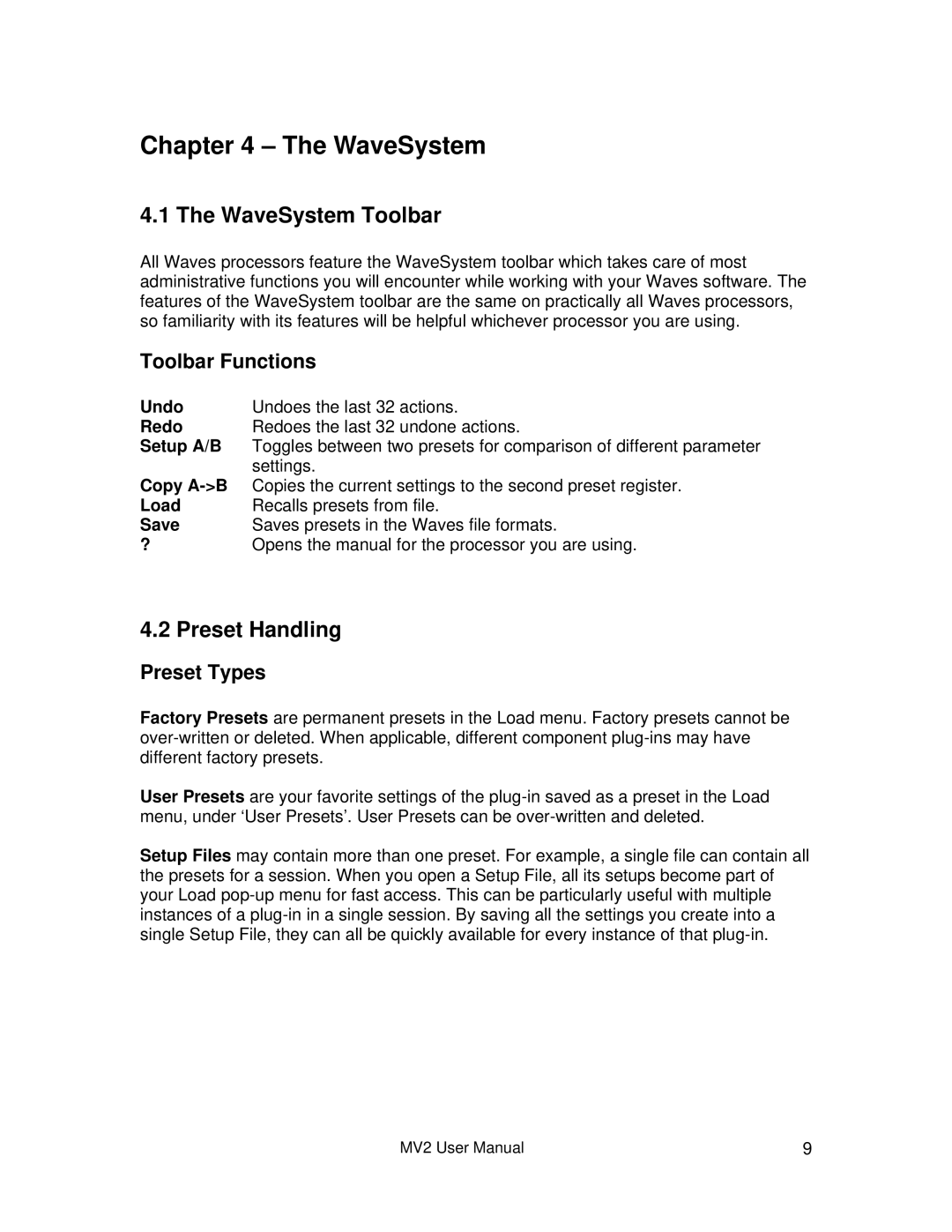 Waves MV2 user manual WaveSystem Toolbar, Preset Handling, Toolbar Functions, Preset Types 