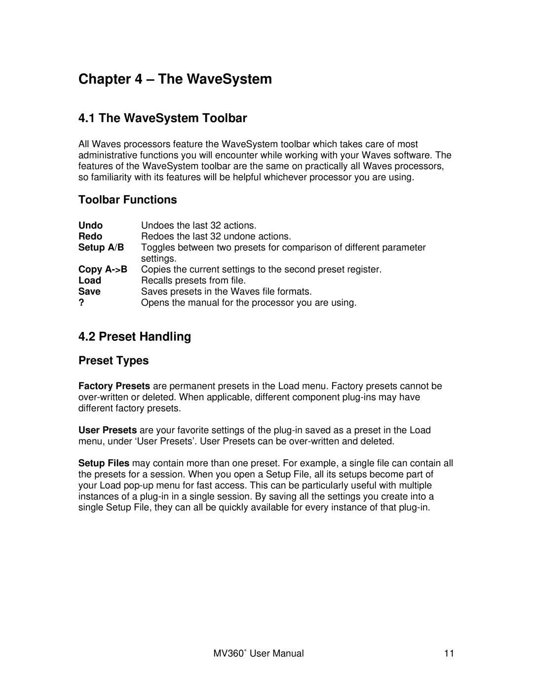 Waves MV360 user manual WaveSystem Toolbar, Preset Handling, Toolbar Functions, Preset Types 