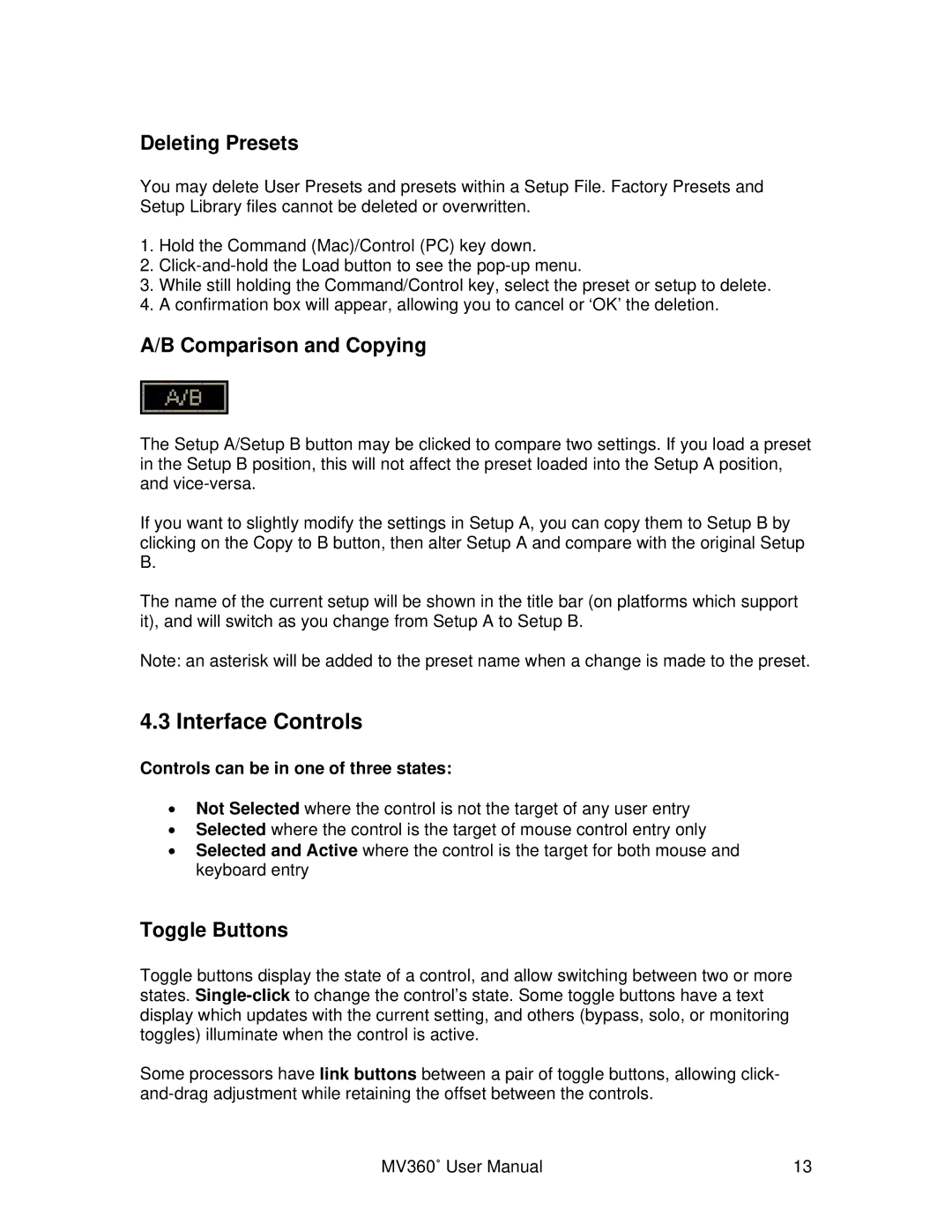 Waves MV360 user manual Interface Controls, Deleting Presets, Comparison and Copying, Toggle Buttons 