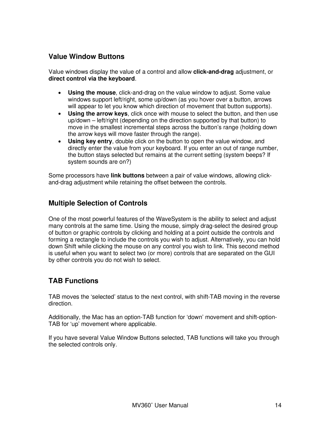 Waves MV360 user manual Value Window Buttons, Multiple Selection of Controls, TAB Functions 
