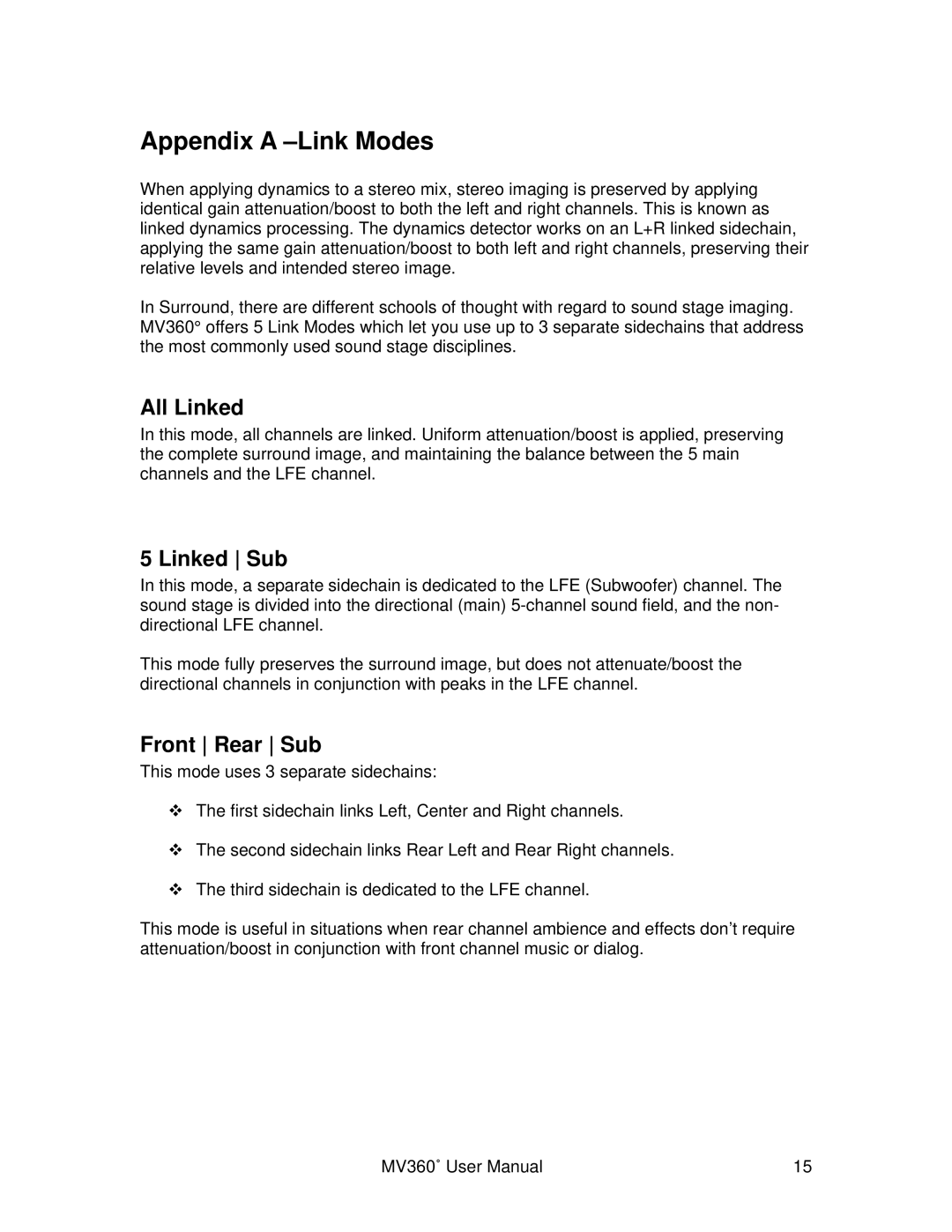 Waves MV360 user manual Appendix a -Link Modes, All Linked, Linked Sub, Front Rear Sub 