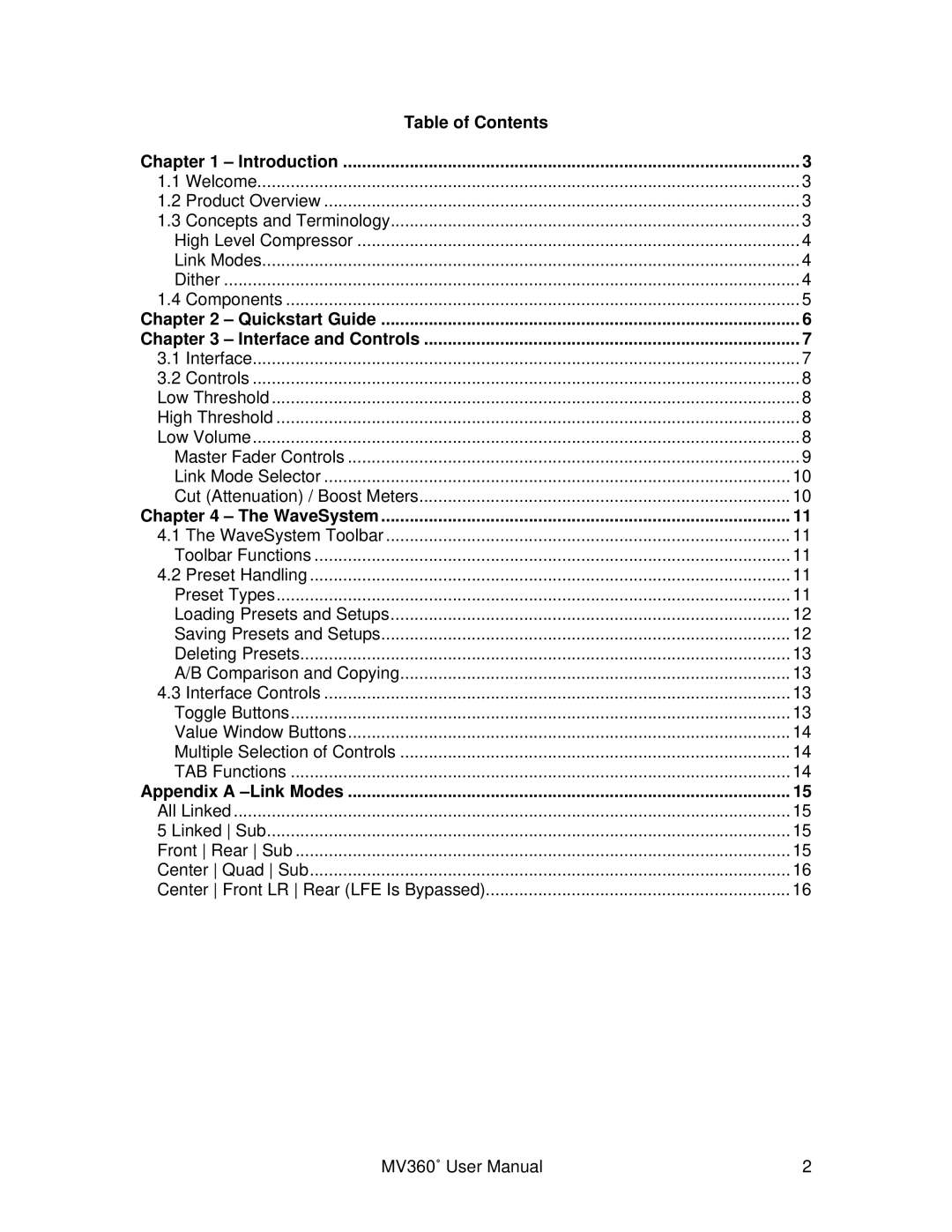 Waves MV360 user manual Table of Contents Introduction, WaveSystem, Appendix a -Link Modes 