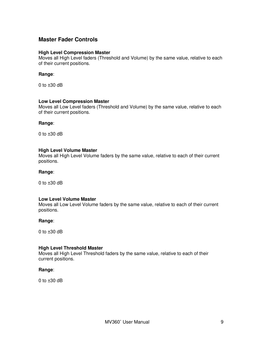 Waves MV360 user manual Master Fader Controls 