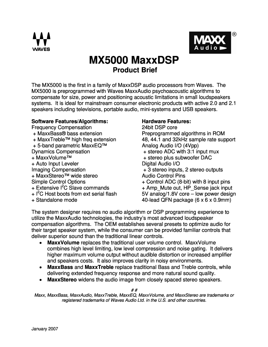 Waves manual Software Features/Algorithms, MX5000 MaxxDSP, Product Brief 