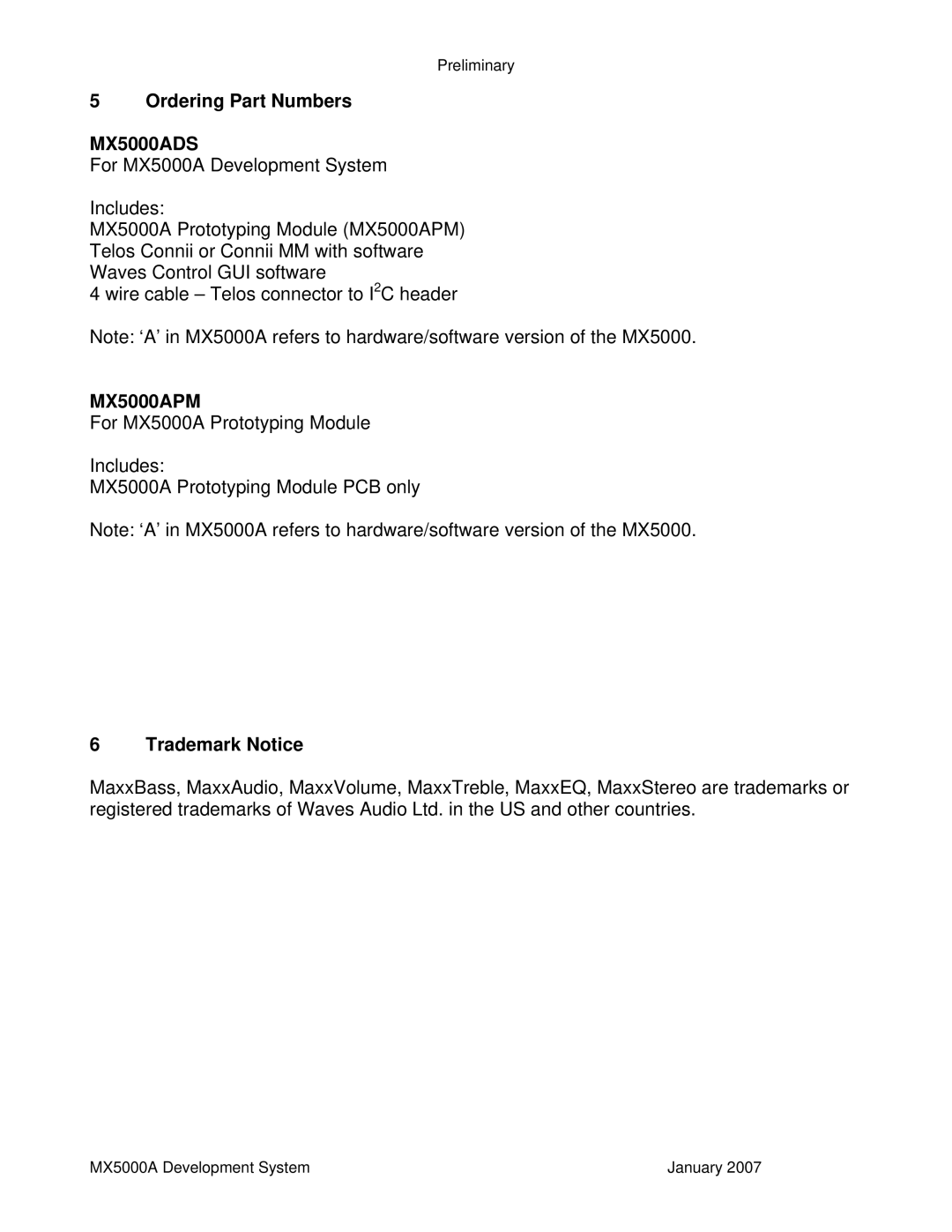 Waves MX5000A system manual Ordering Part Numbers, Trademark Notice 