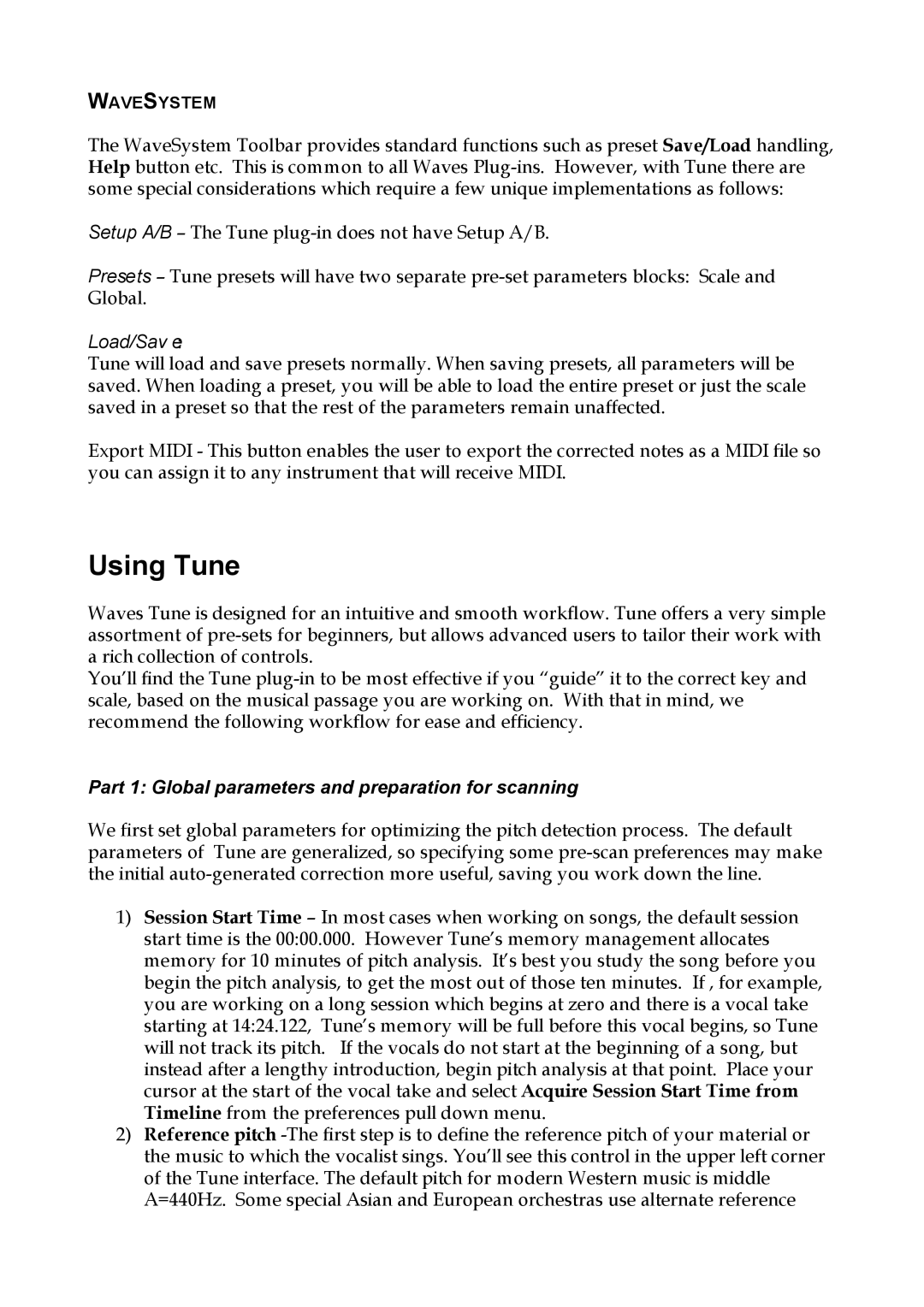 Waves Plug-in for Vocals and Monophonic manual Using Tune, Part 1 Global parameters and preparation for scanning 