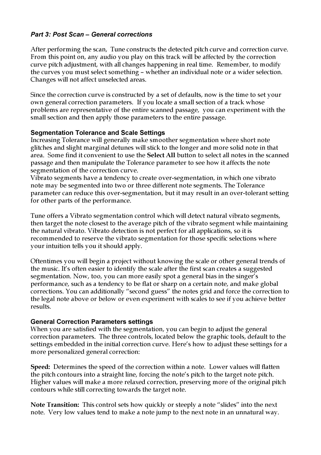 Waves Plug-in for Vocals and Monophonic Part 3 Post Scan General corrections, Segmentation Tolerance and Scale Settings 