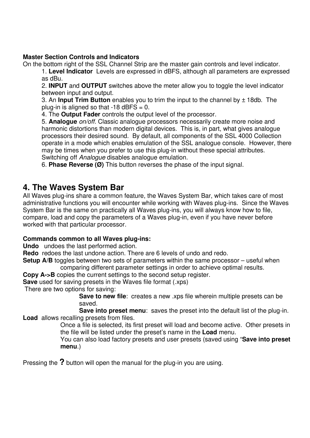 Waves SSL 4000 E manual Waves System Bar, Master Section Controls and Indicators, Commands common to all Waves plug-ins 