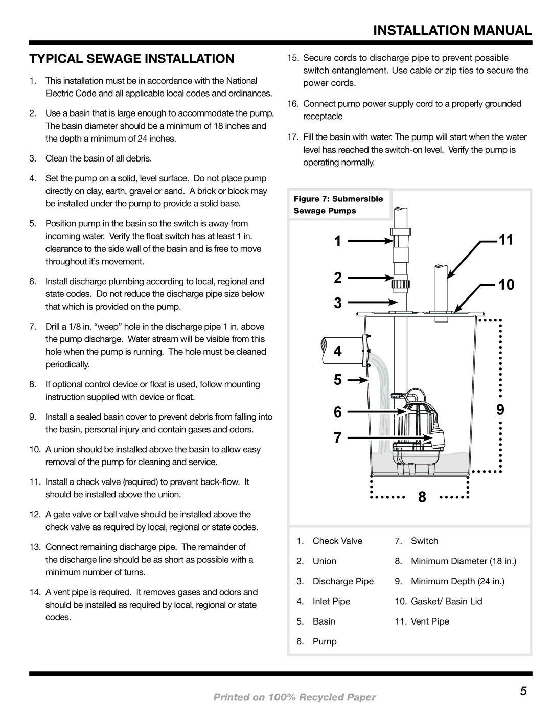 Wayne 200000-015 installation manual Typical Sewage Installation, Submersible Sewage Pumps 