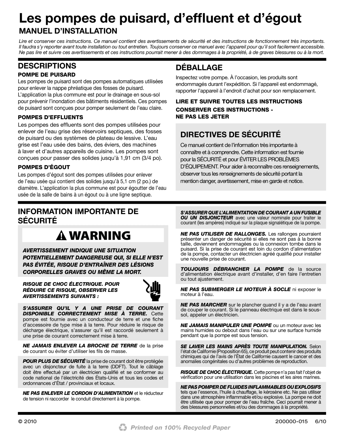 Wayne 200000-015 Les pompes de puisard, d’efﬂuent et d’égout, Manuel D’Installation, Déballage, Directives De Sécurité 