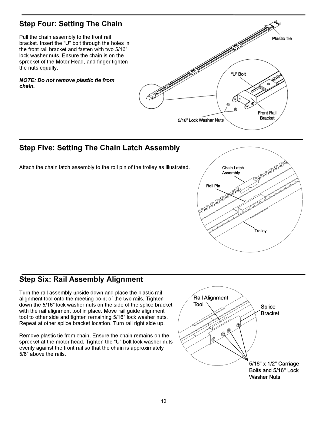 Wayne 3018, 3014 Step Four Setting The Chain, Step Five Setting The Chain Latch Assembly, Step Six Rail Assembly Alignment 