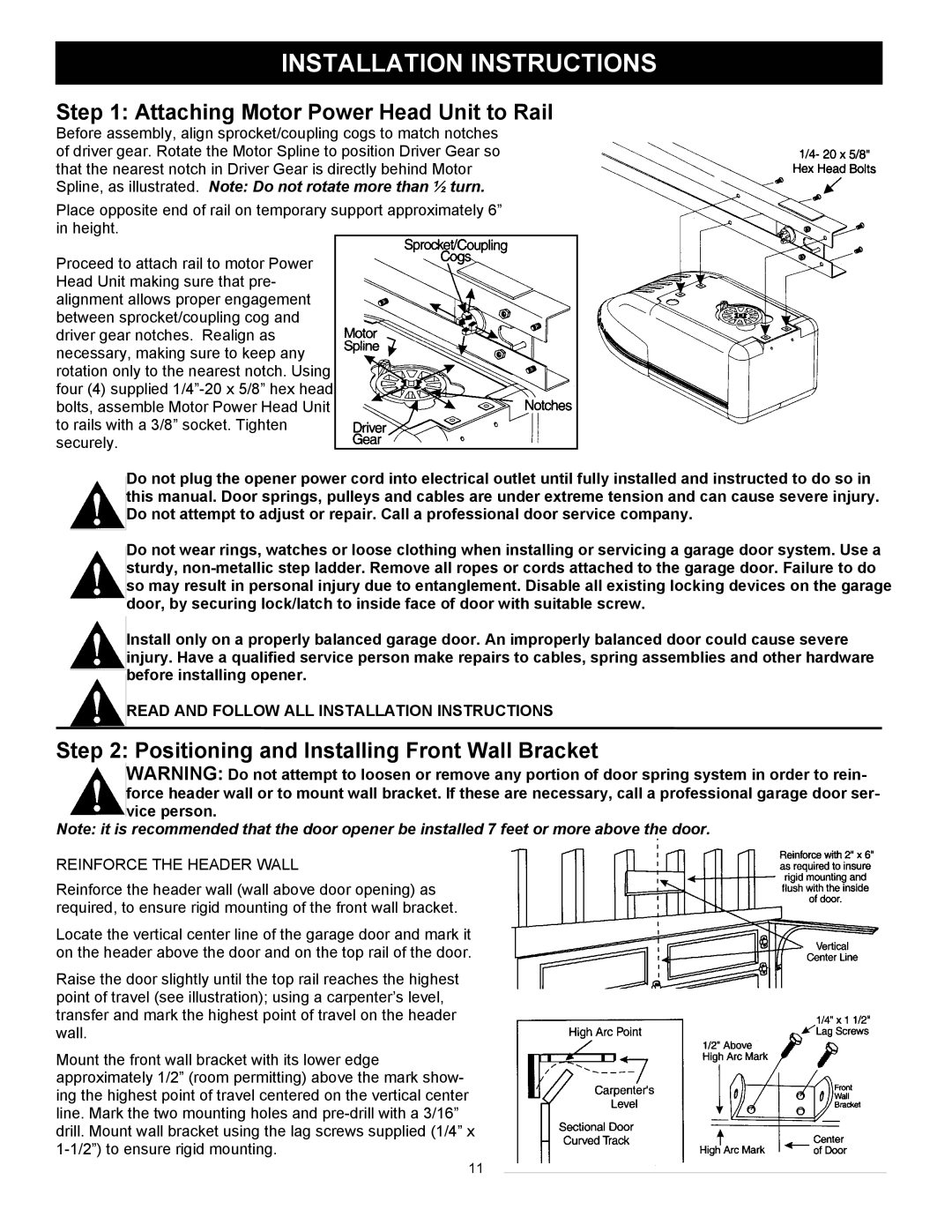 Wayne 3018DLX, 3014, 3514 user manual Attaching Motor Power Head Unit to Rail, Positioning and Installing Front Wall Bracket 