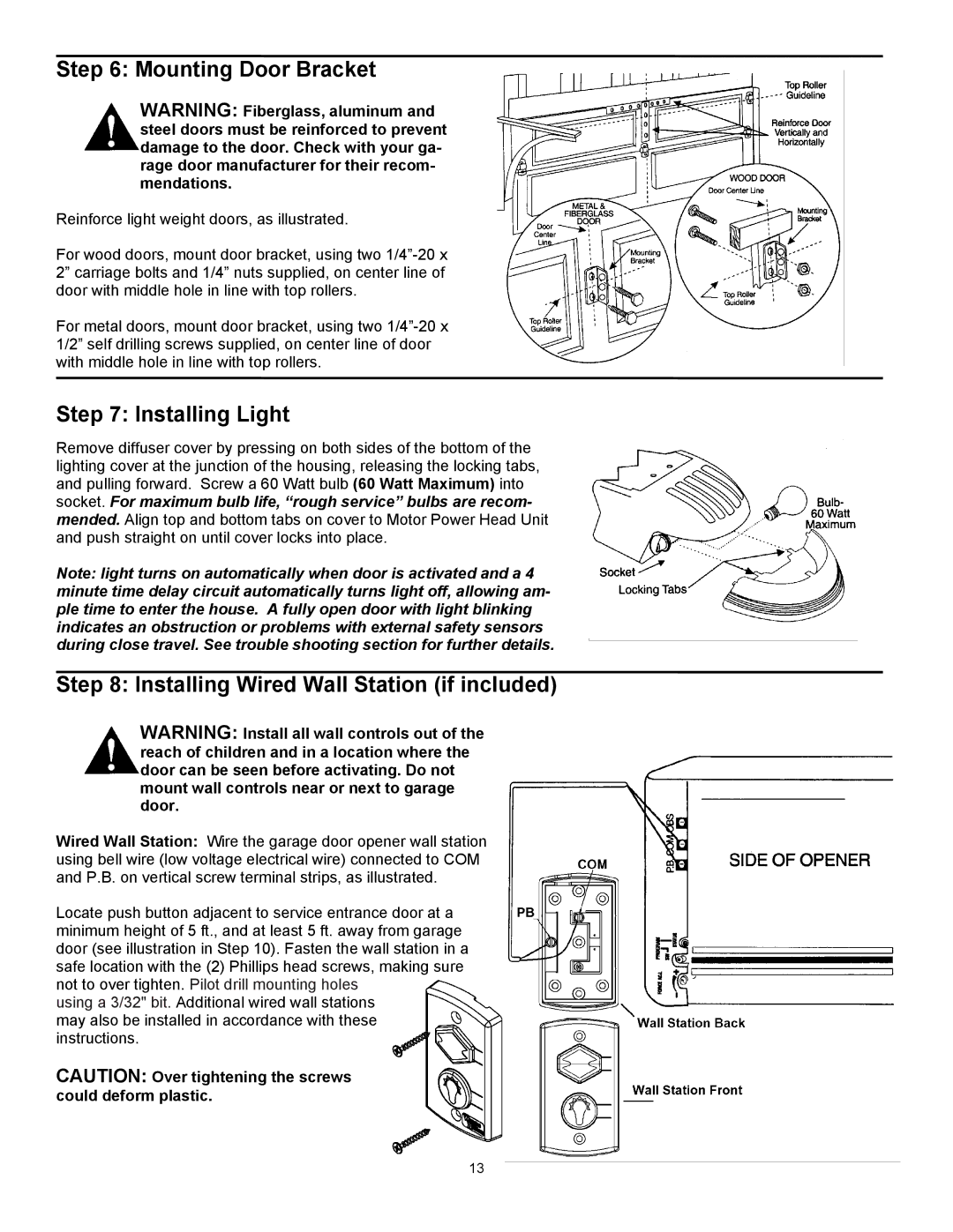 Wayne 3514, 3014, 3018DLX user manual Mounting Door Bracket, Installing Light, Installing Wired Wall Station if included 